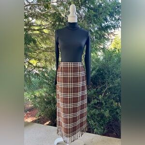 Vintage 90s Worthington Plaid Straight Fringe Maxi Skirt Brown Black White